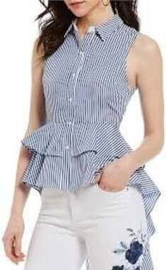English Factory Blue and White Striped Sleeveless Peplum High-Low Blouse Size M